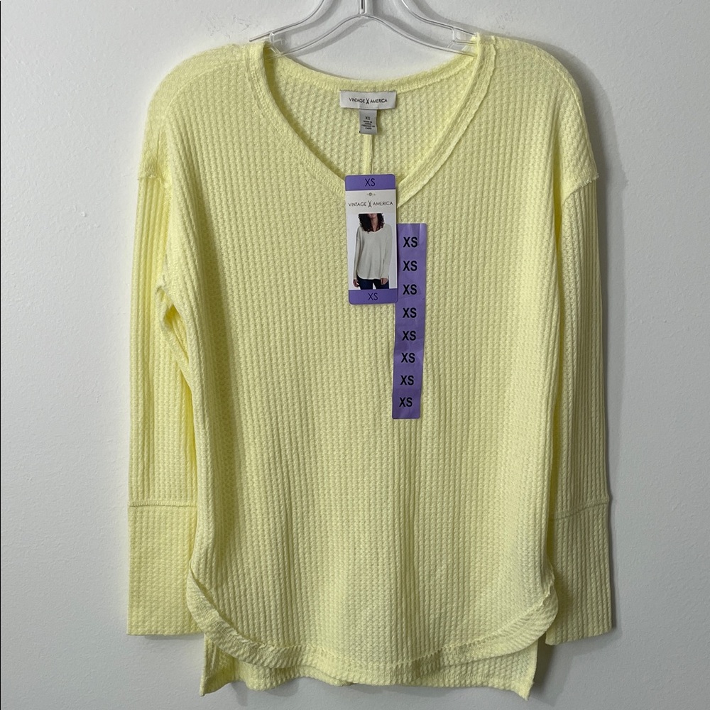 VINTAGE X AMERICA WOMEN'S THERMAL WAFFLE KNIT SWEATER TOP WAX YELLOW XS /Z6